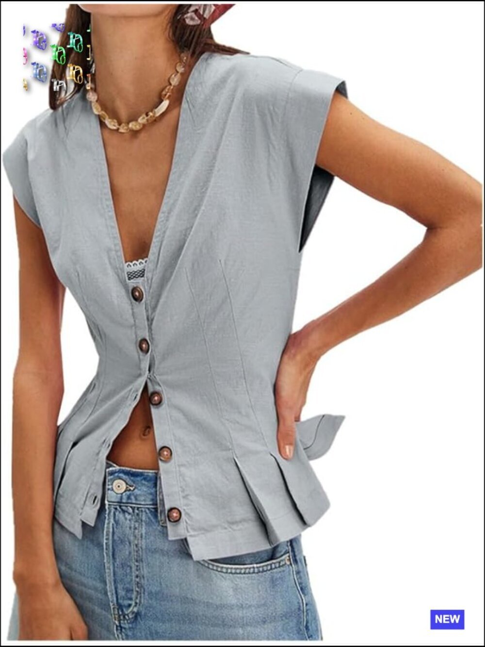 Linen V-Neck Button Down Vest Cap Sleeve Fitted Waistcoat Chic Work Casual